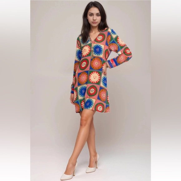 Johnny Was Lionora V-Neck Silk Swing Slip Dress Long Sleeve Sun Print NWT $378 - Picture 2 of 16